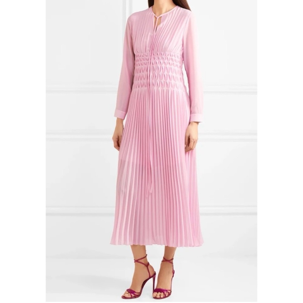 Maje Rocket Pink Pleated Chiffon Long-Sleeve Midi Dress, Size Maje 1, S